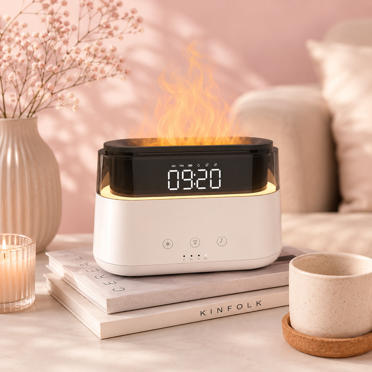 Diffuseur d'arômes moderne - Horloge LED - USB-C - Effet flamme