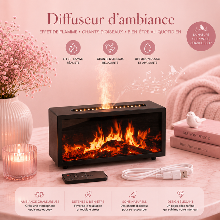 Diffuseur d'arômes effet flamme avec sons d'oiseaux - Noir USB - Changement de couleur
