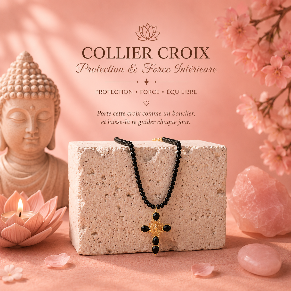 Collier en tourmaline noire avec croix en or - Protection raffinée et élégance sacrée