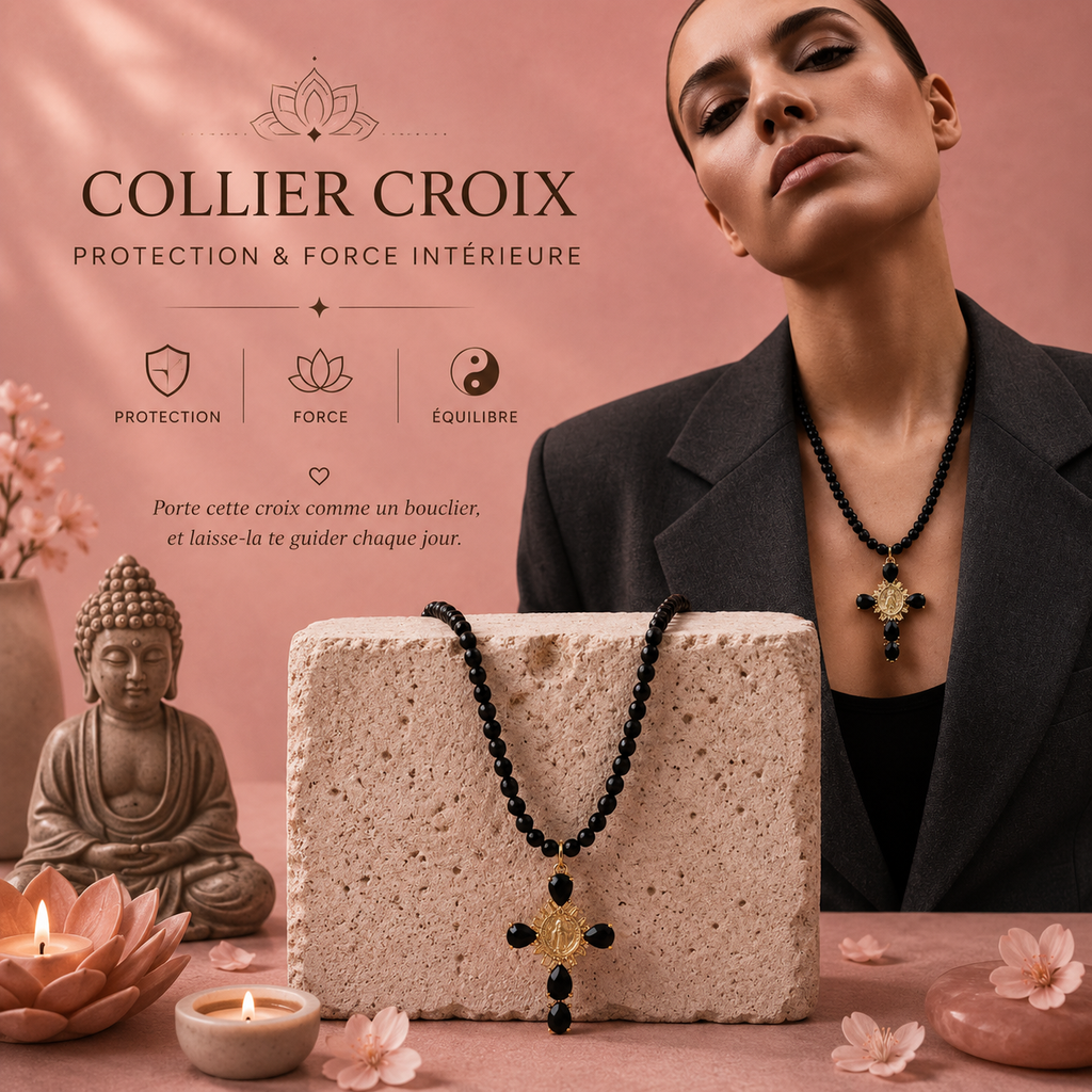 Collier en tourmaline noire avec croix en or - Protection raffinée et élégance sacrée
