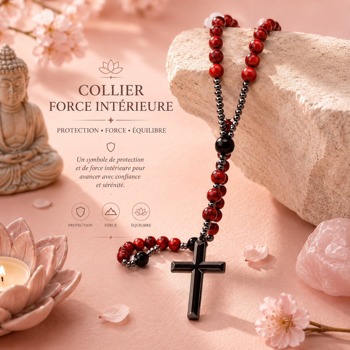 Collier Chapelet Croix - Agate noire & turquoise rouge pour homme
