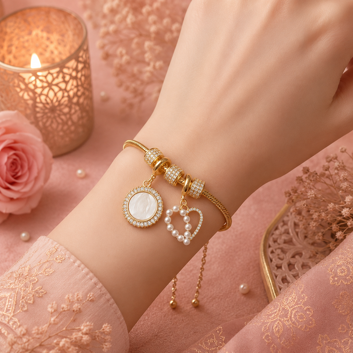 Bracelet Cœur de Perles Vierge de Guadalupe – Plaqué Or 18K