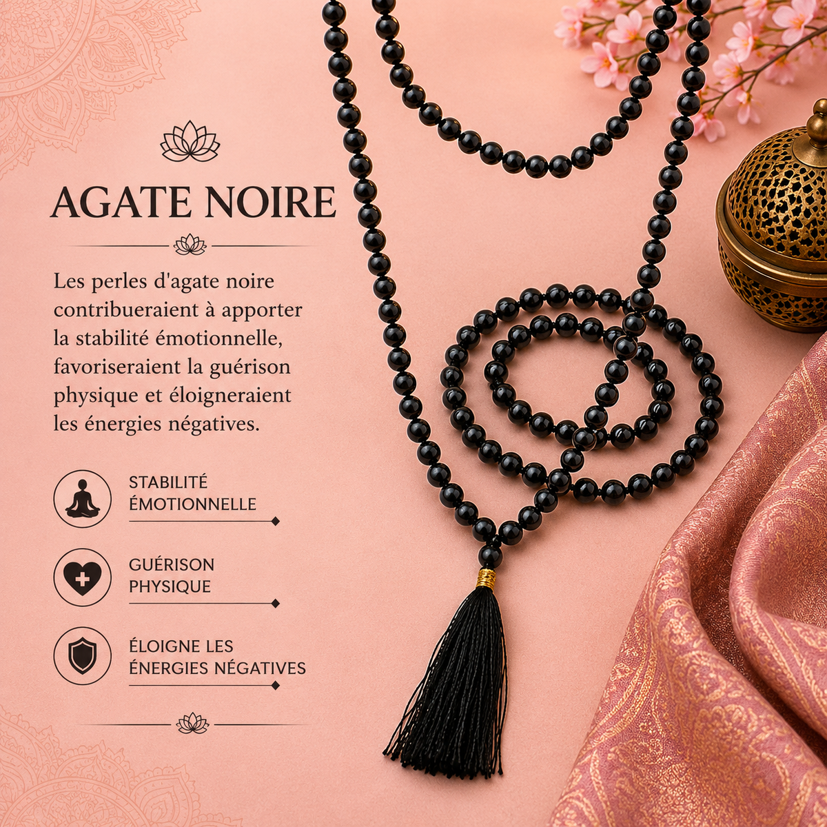 Mala 108 perles - Agate noire