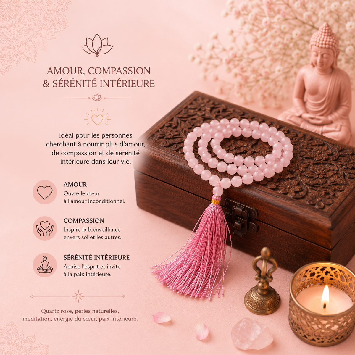 Mala 108 perles - Quartz rose