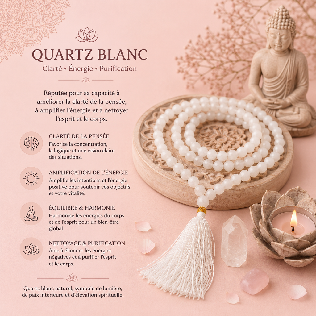 Mala 108 perles - Quartz blanc