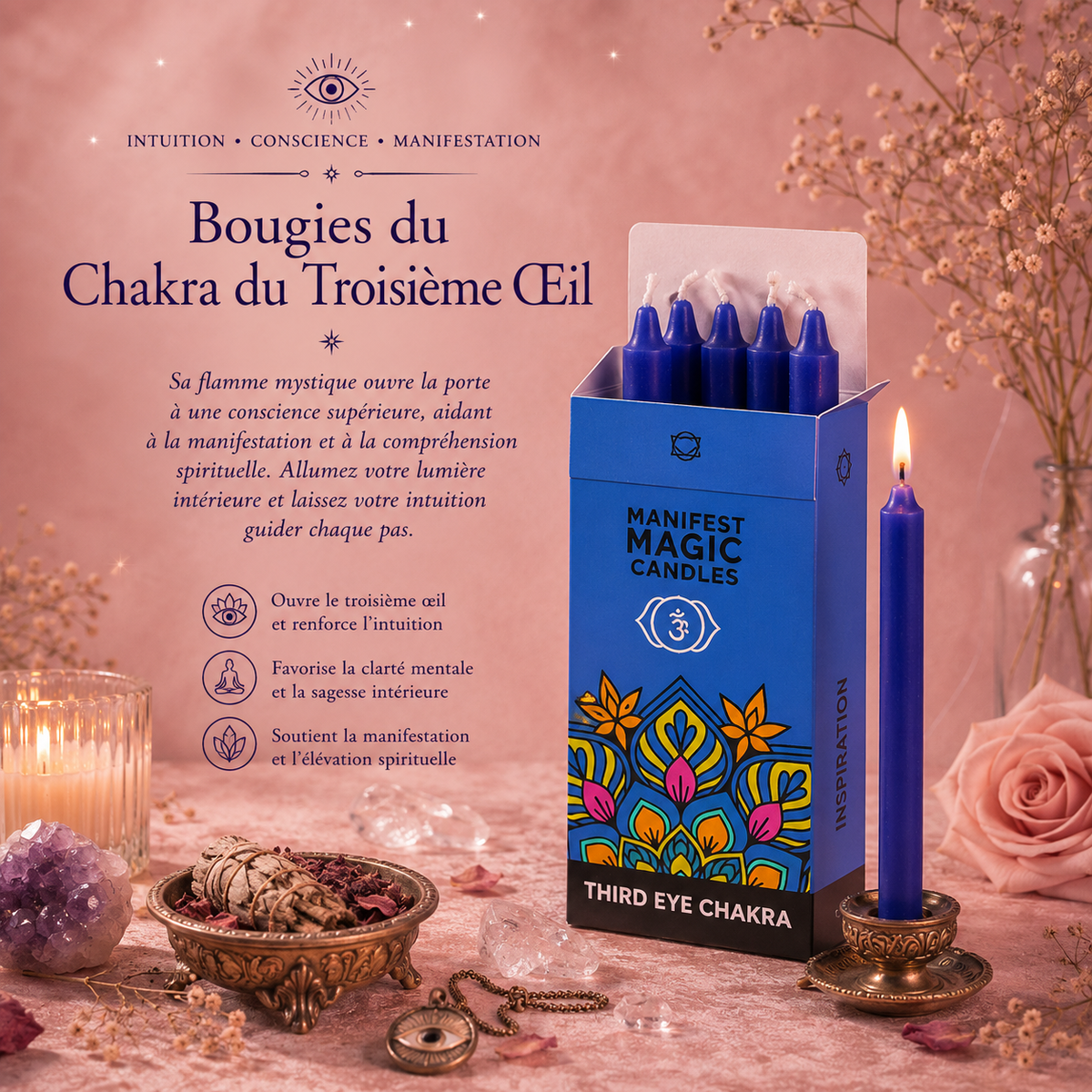 Bougies magiques manifestes – Bleu foncé - Chakra Troisième Œil (pack de 12)