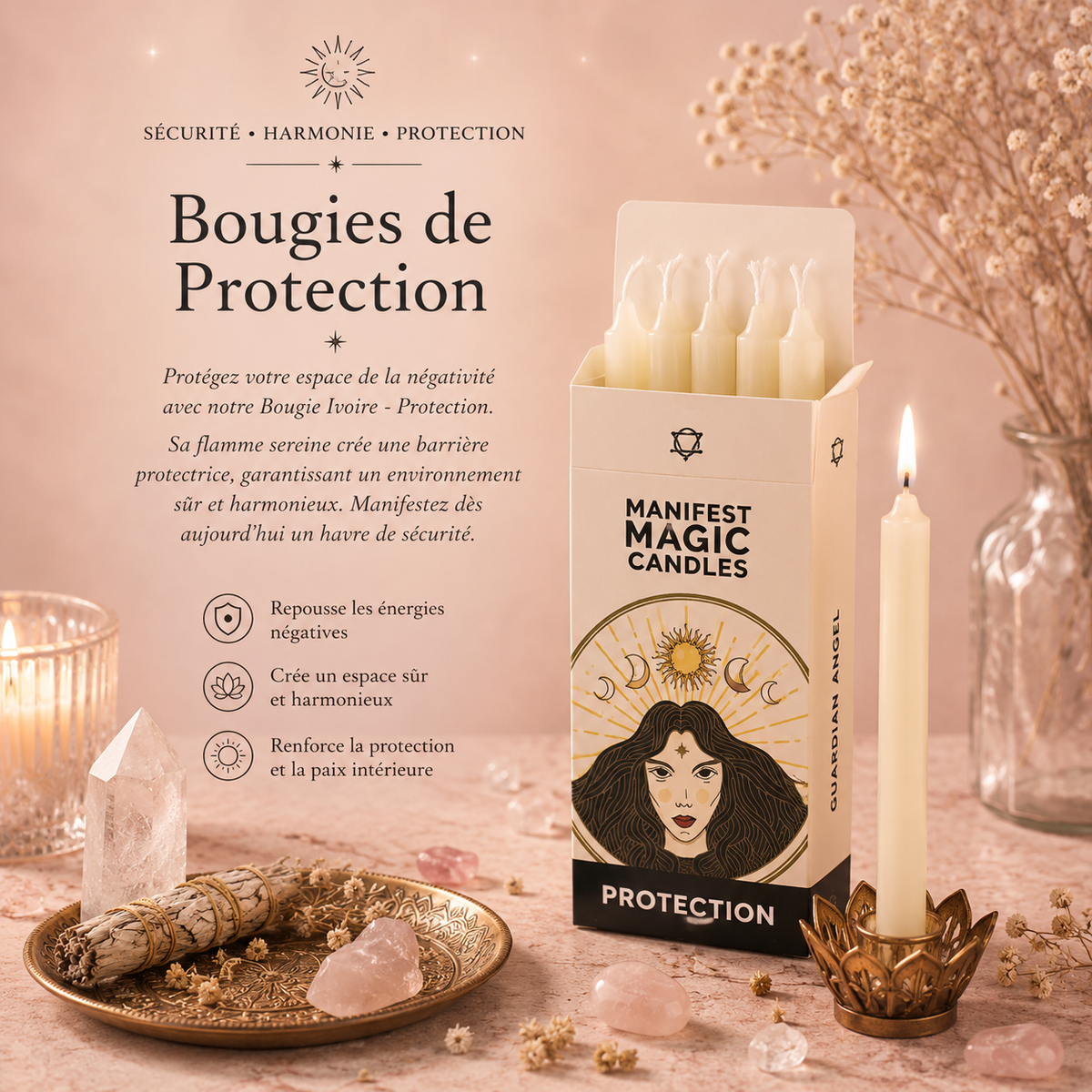 Bougies magiques manifestes – Ivoire - Protection (pack de 12)