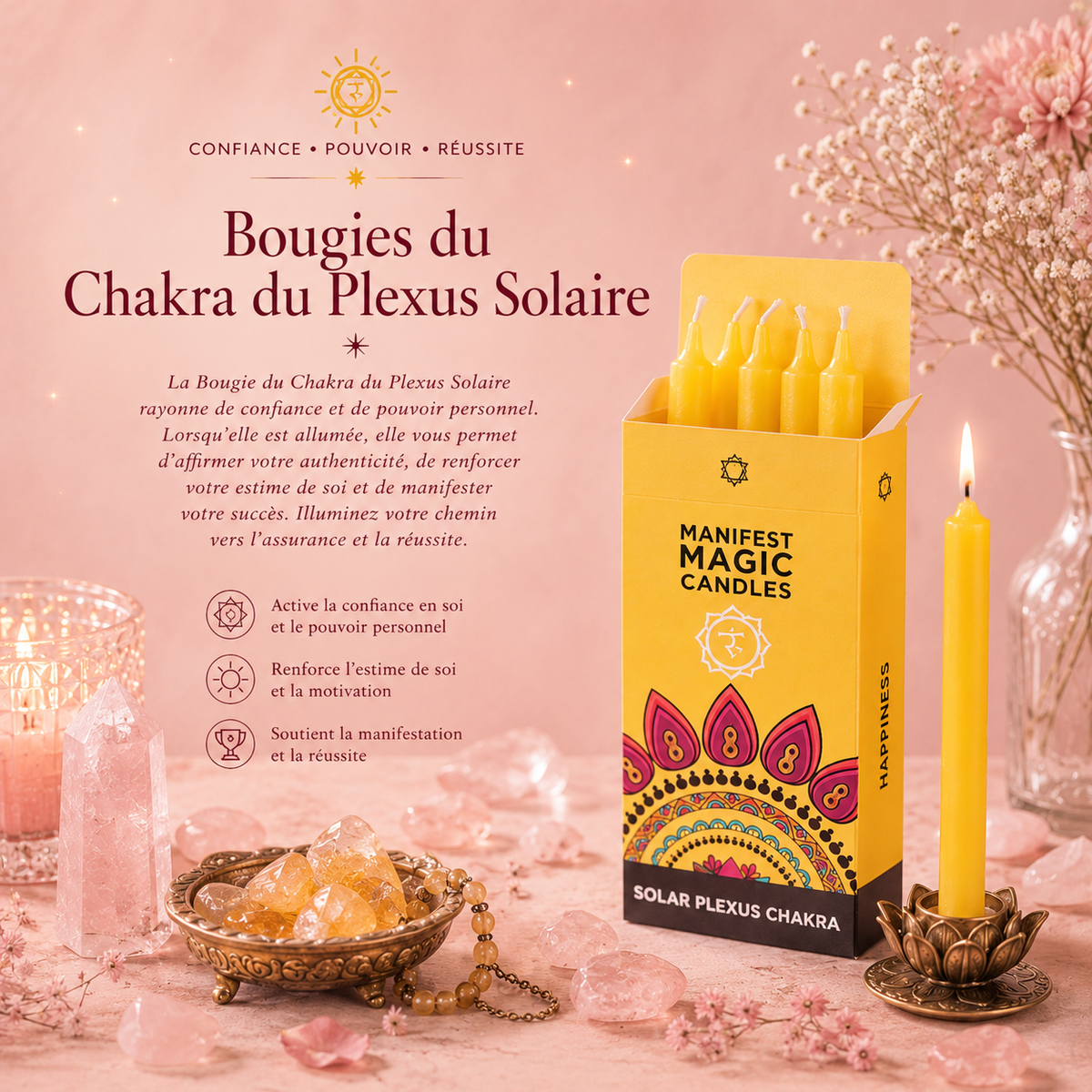Bougies magiques manifestes – Jaune - Chakra Plexus solaire (pack de 12)
