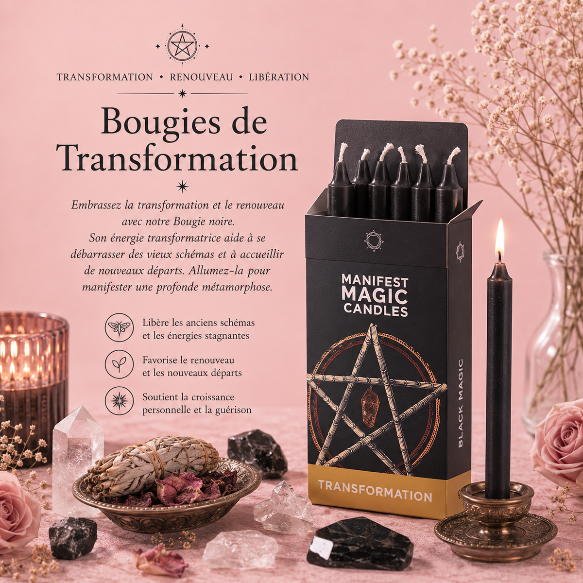 Bougies magiques manifestes – Noir -Transformation (pack de 12)