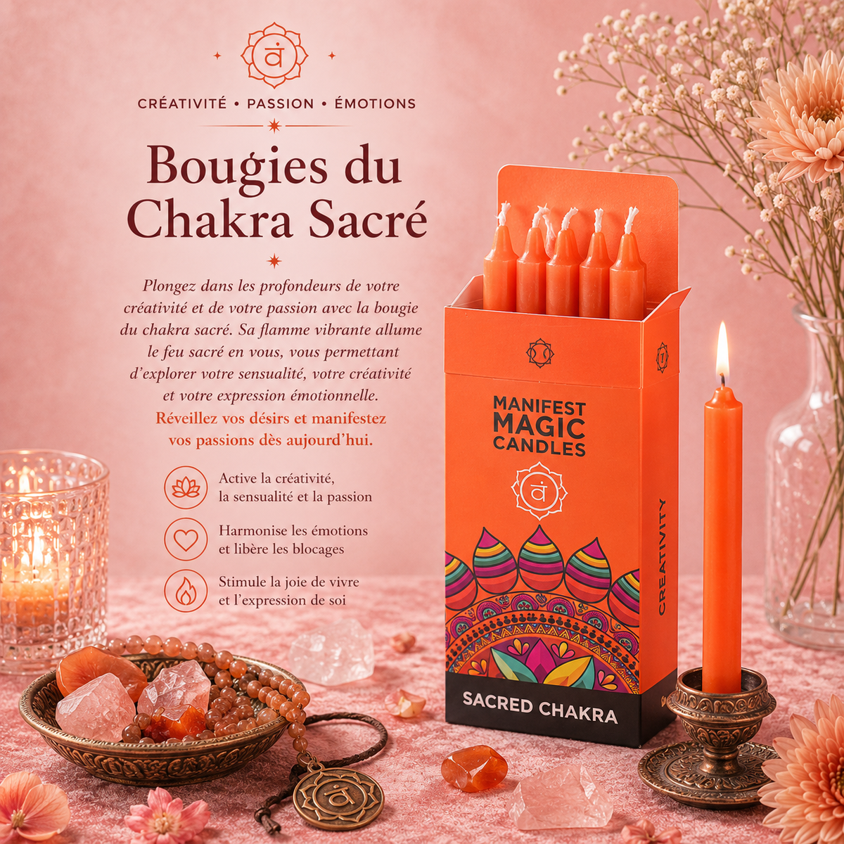 Bougies magiques manifestes – Orange - Chakra Sacré (pack de 12)