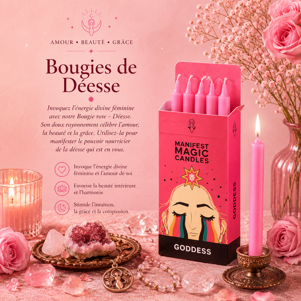 Bougies magiques manifestes – Rose - Déesse (pack de 12)