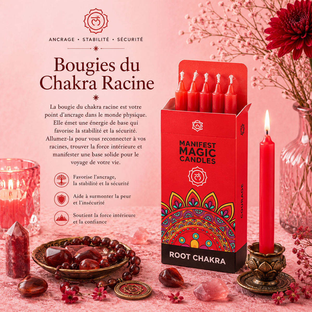 Bougies magiques manifestes – Rouge - Chakra Racine (pack de 12)