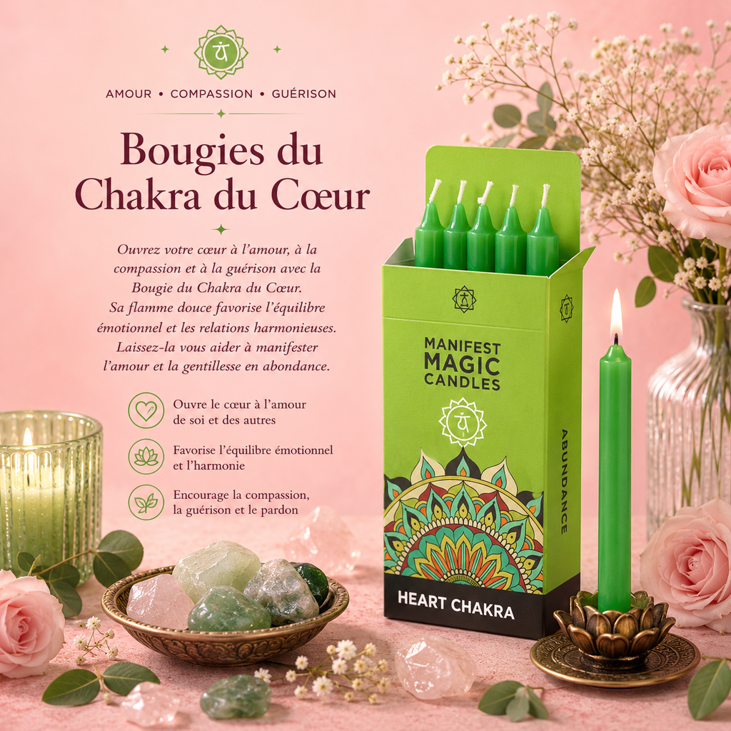 Bougies magiques manifestes – Vert - Chakra Cœur (pack de 12)