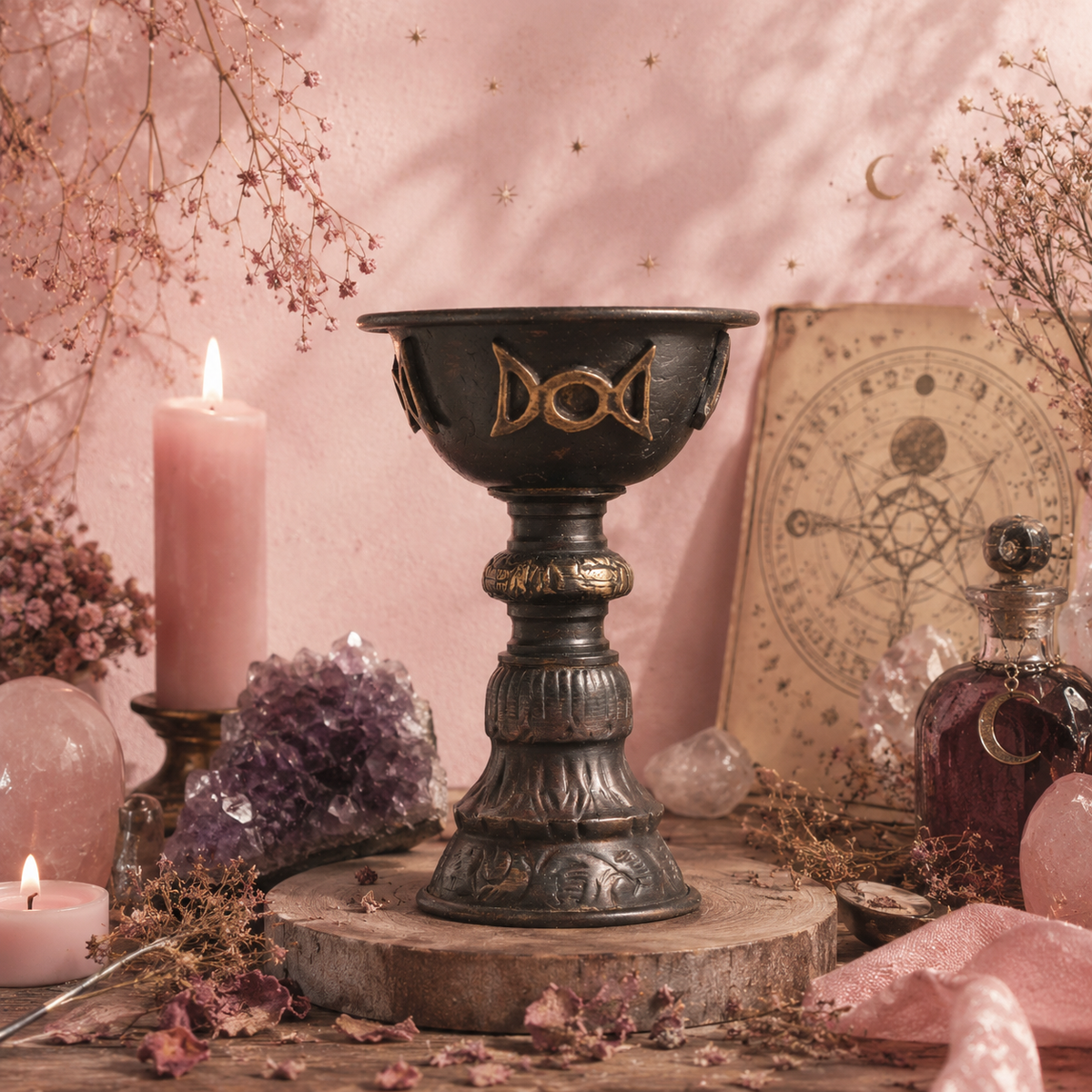 Gobelet rituel antique en cuivre - Triple lune - 8 x 13 cm