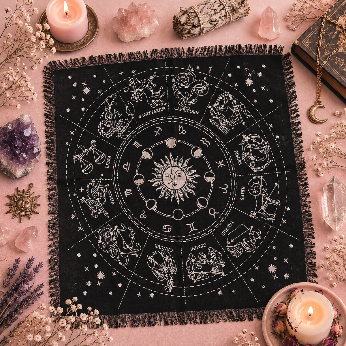 Nappe d'autel ésotérique à franges - Horoscope