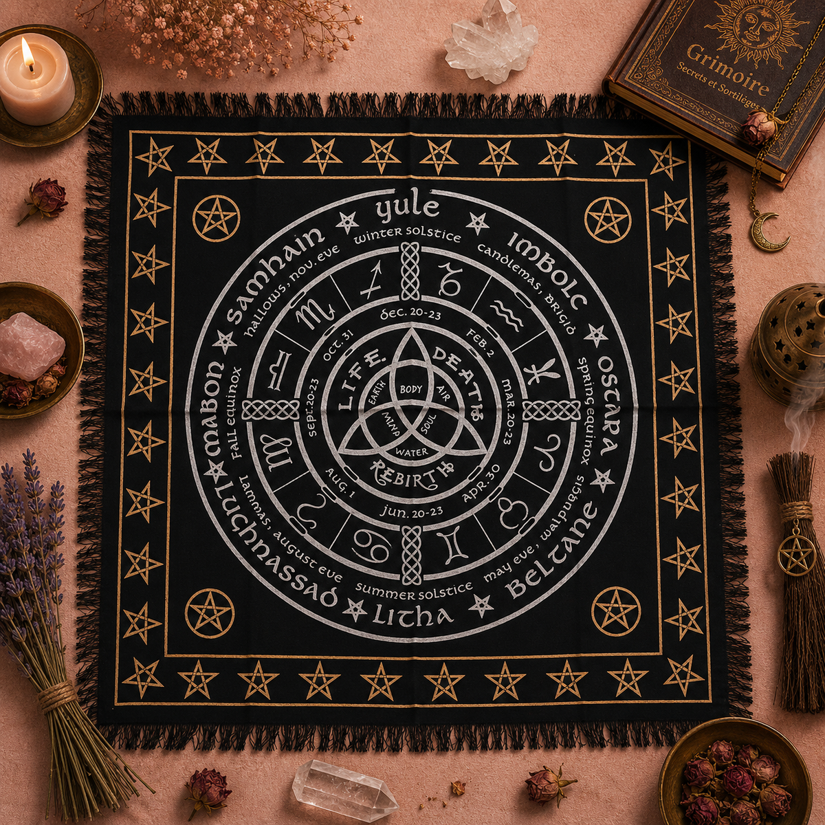 Nappe d'autel ésotérique à franges - Vie, Mort, Renaissance