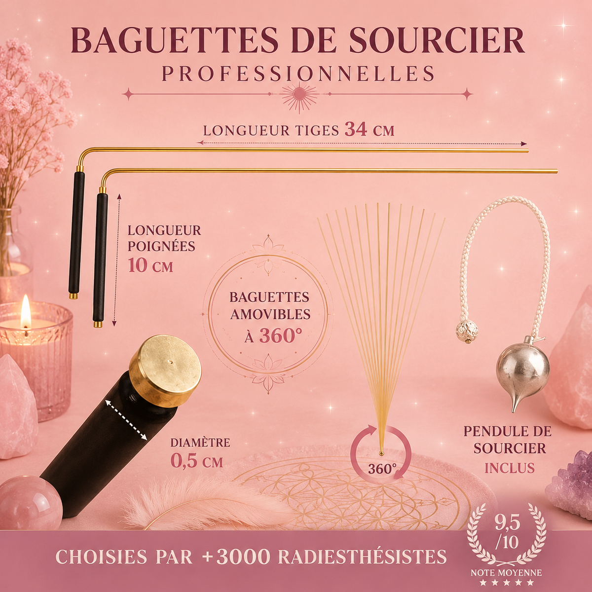 Baguettes de sourcier professionnelles + pendule divinatoire - Pack idéal pour commencer la radiesthésie