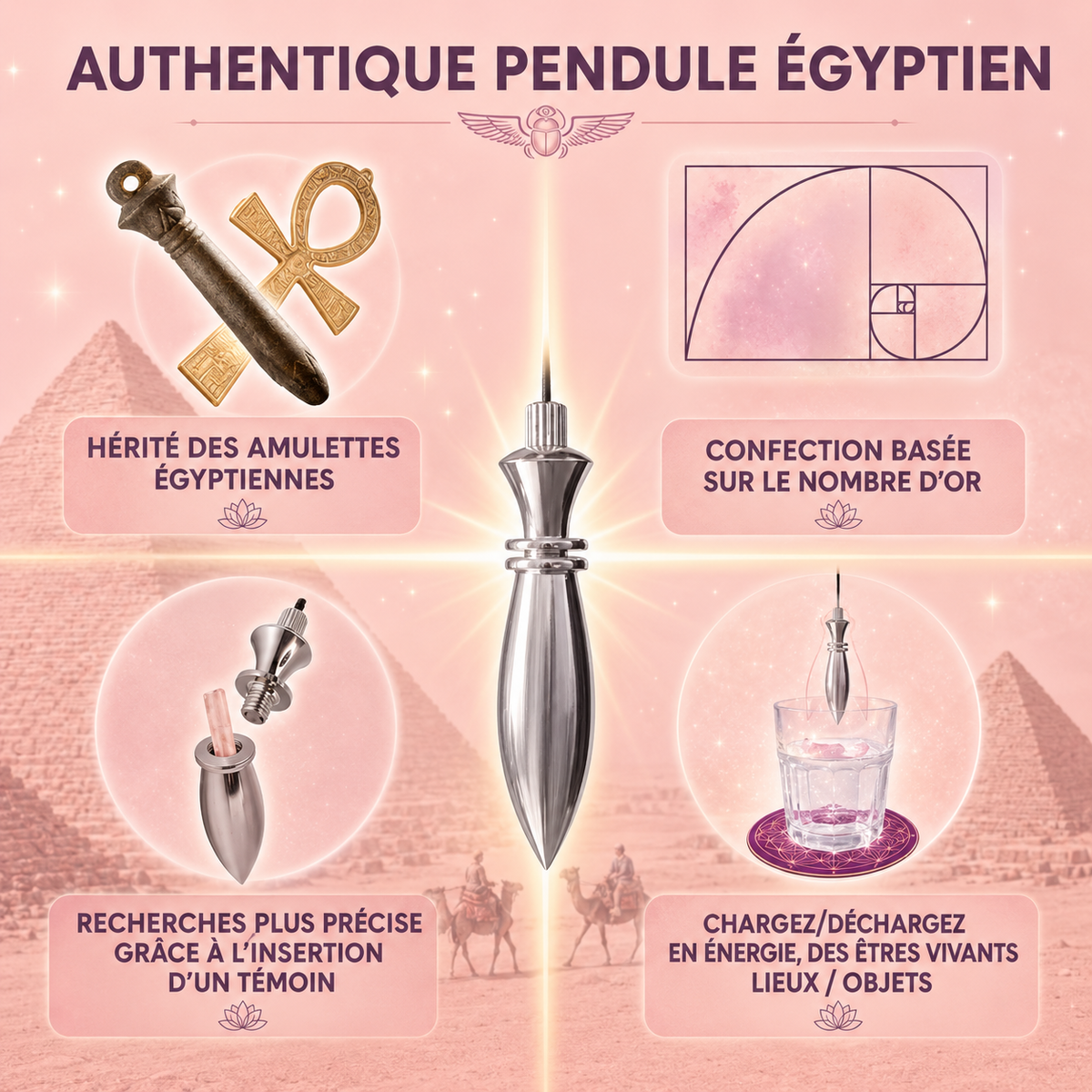 Pendule divinatoire égyptien Thot en laiton argenté - Radiesthésie & énergies subtiles