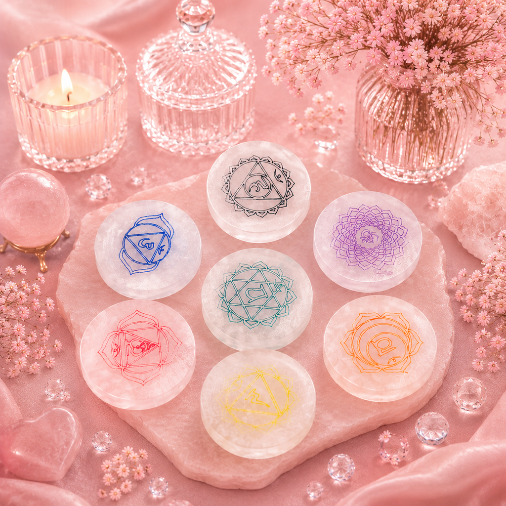 Lot de 7 disques de charge en sélénite – Chakras - 6 cm