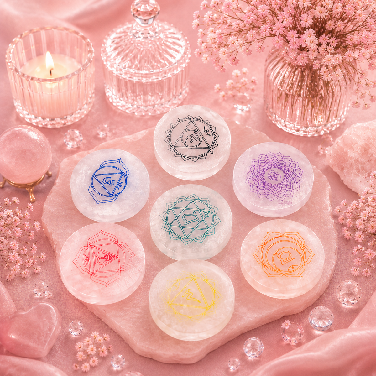 Lot de 7 disques de charge en sélénite – Chakras - 6 cm