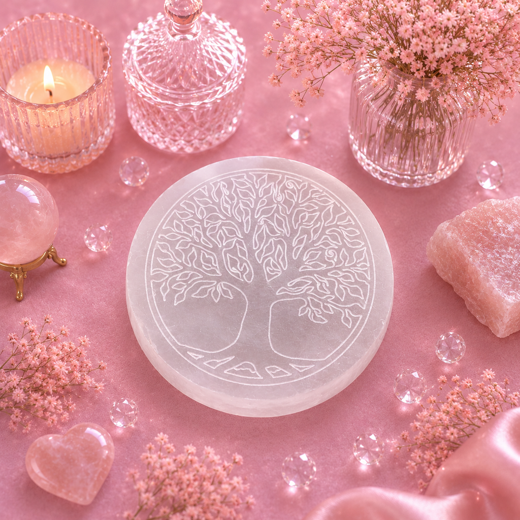 Disque de recharge en sélénite – Arbre de Vie - 8 cm