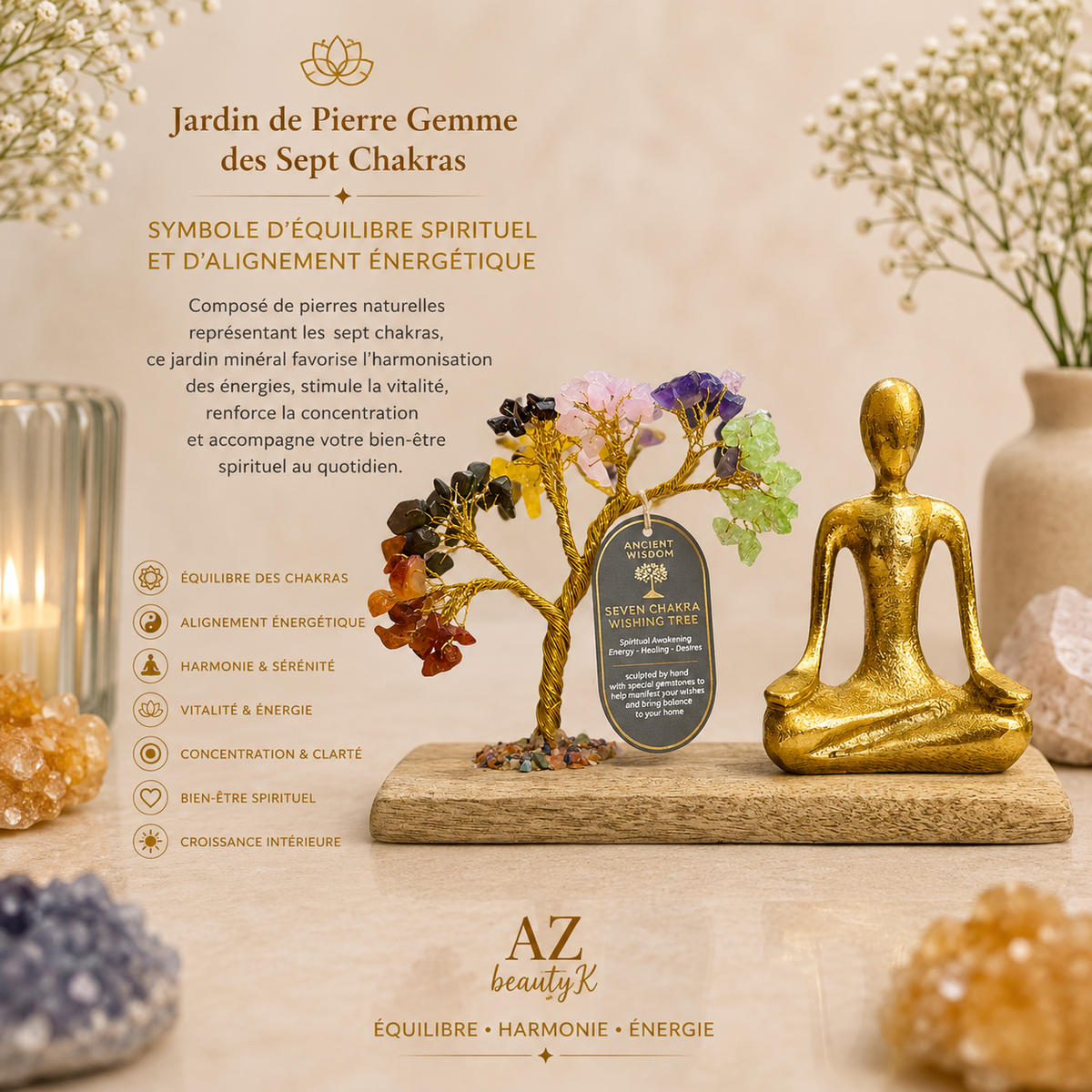 Jardin de Yoga en pierres précieuses - POSE MUDRA - 7 chakras - 100 pierres chips