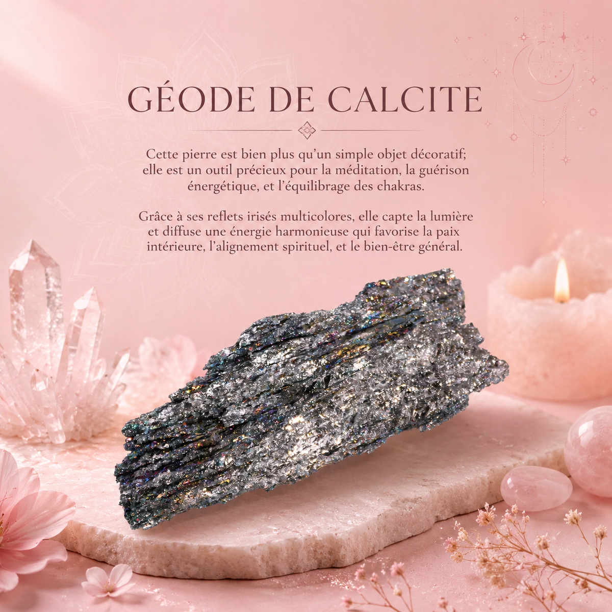 Géode de calcite - Pierre de chakra à 7 couleurs - Titane naturel amélioré