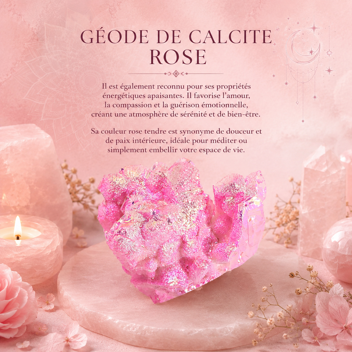 Géode de calcite - Aura rose halo Quartz - Quartz naturel amélioré moyen