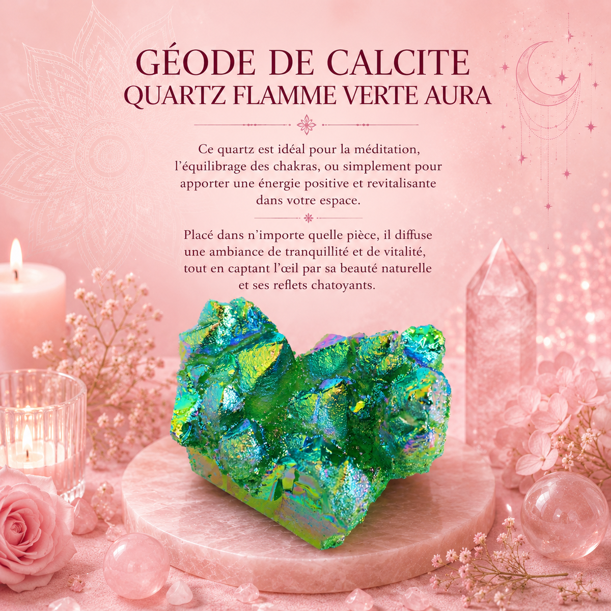 Géode de calcite - Quartz flamme verte aura - Quartz naturel amélioré moyen