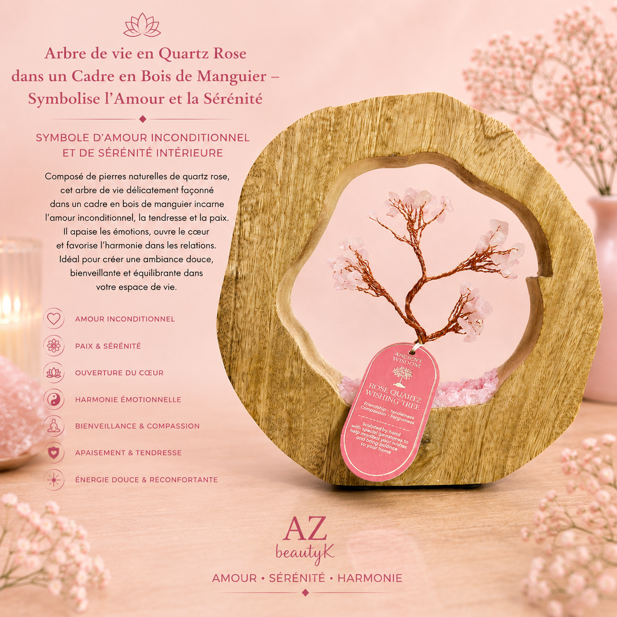 Arbre de vie en pierres précieuses - QUARTZ ROSE - 60 pierres chips