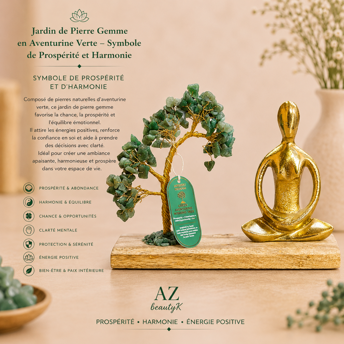 Jardin de Yoga en pierres précieuses - POSE PADMASANA - Aventurine verte - 100 pierres chips