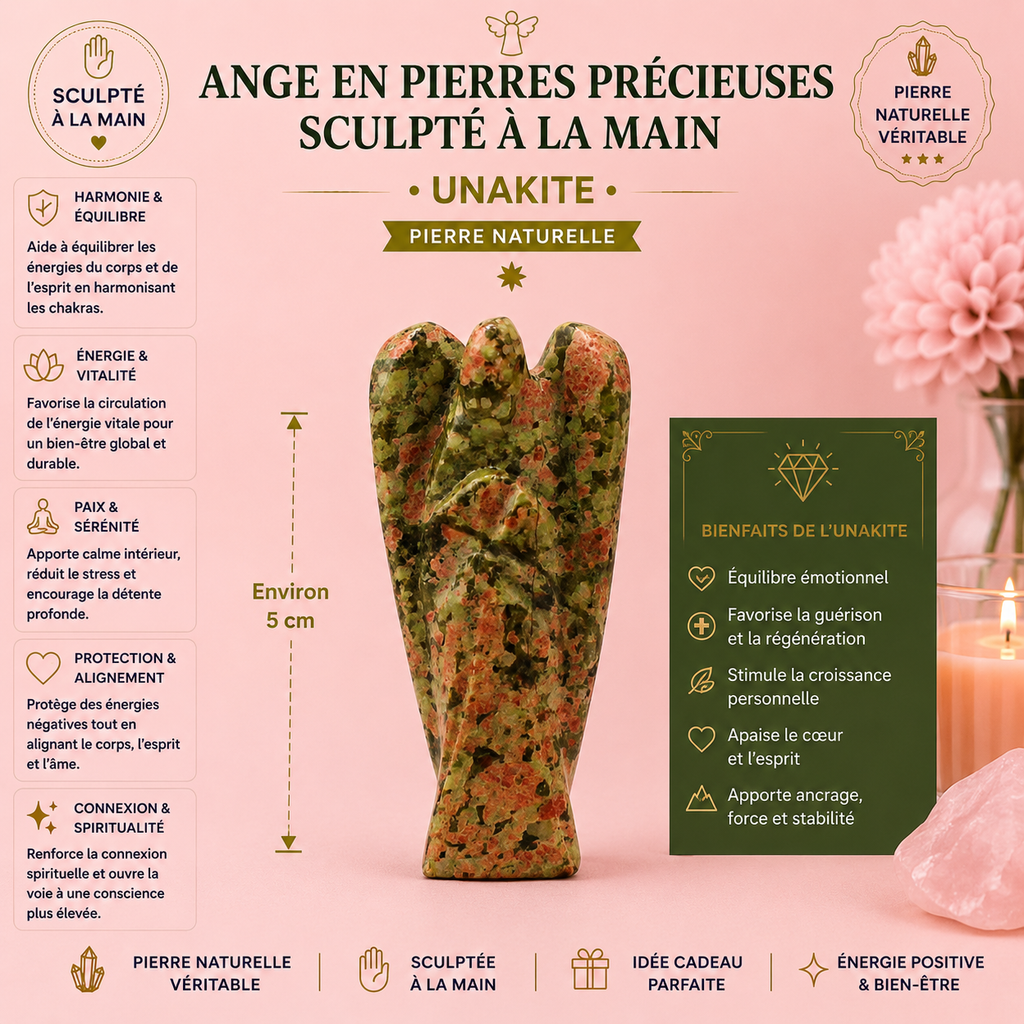 Ange en pierre précieuse sculptée à la main - Unakite