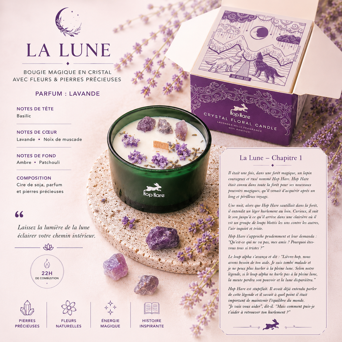 Bougie magique en cristal avec fleurs et gemmes - La Lune