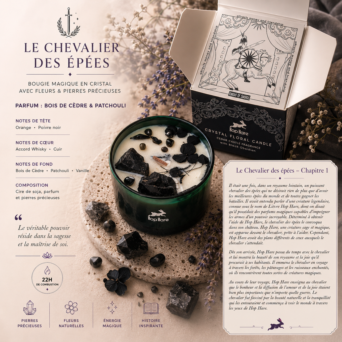 Bougie magique en cristal avec fleurs et gemmes - Le Chevalier des épées