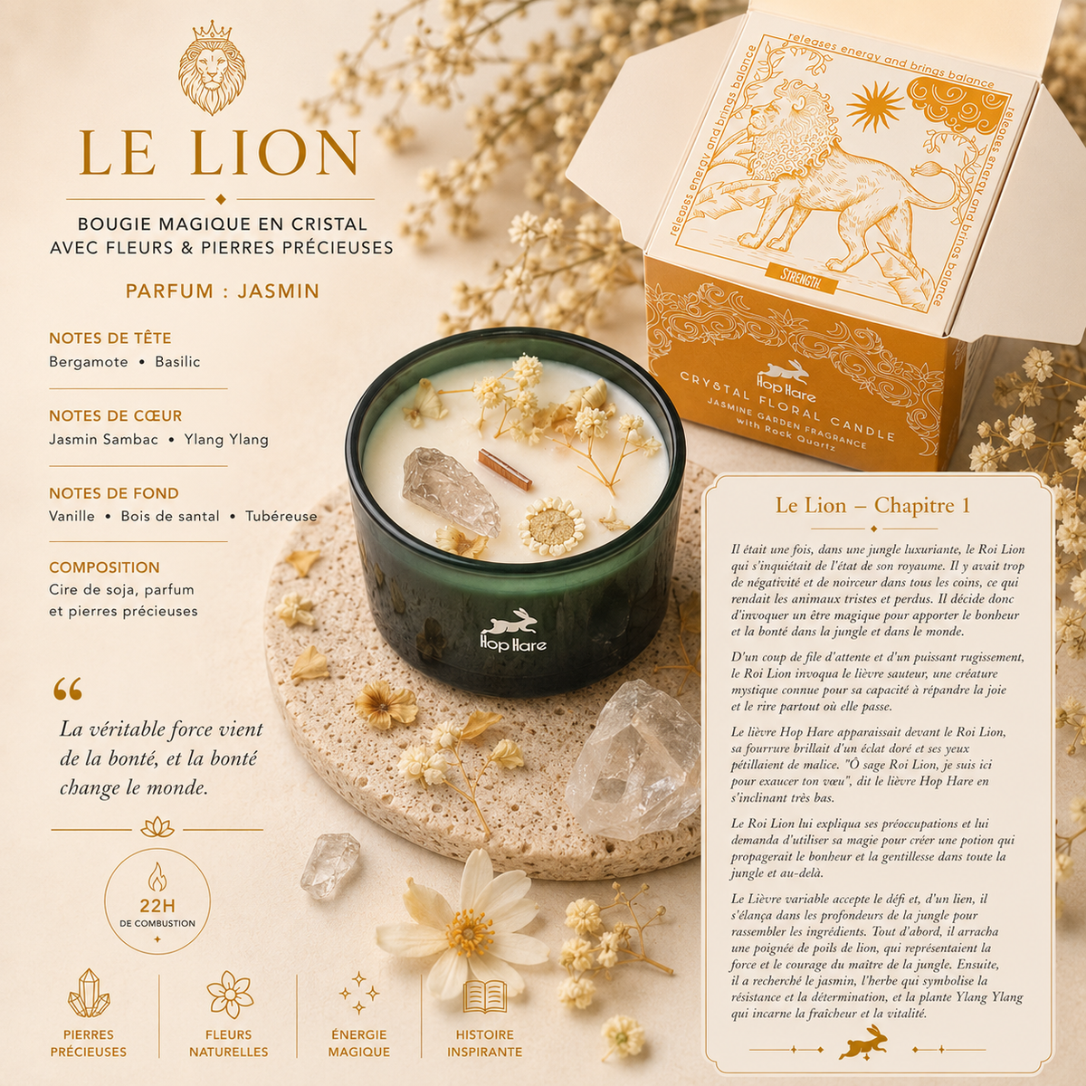 Bougie magique en cristal avec fleurs et gemmes - Le Lion