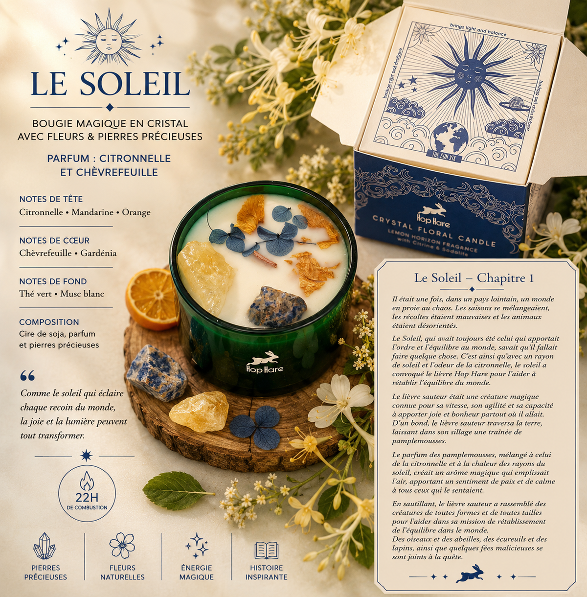 Bougie magique en cristal avec fleurs et gemmes - Le Soleil