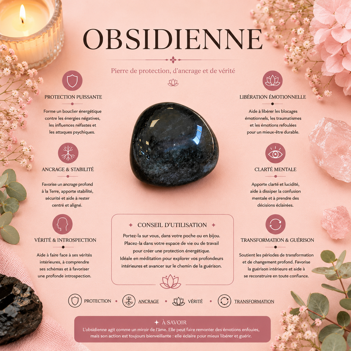 Pierre roulée Obsidienne noire - Taille L