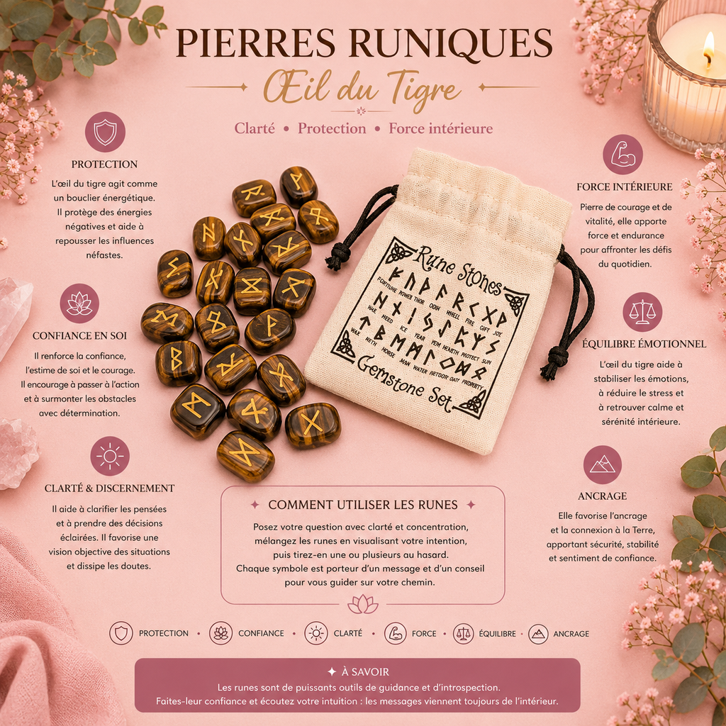 Pierres runiques avec leur pochette - Œil du tigre