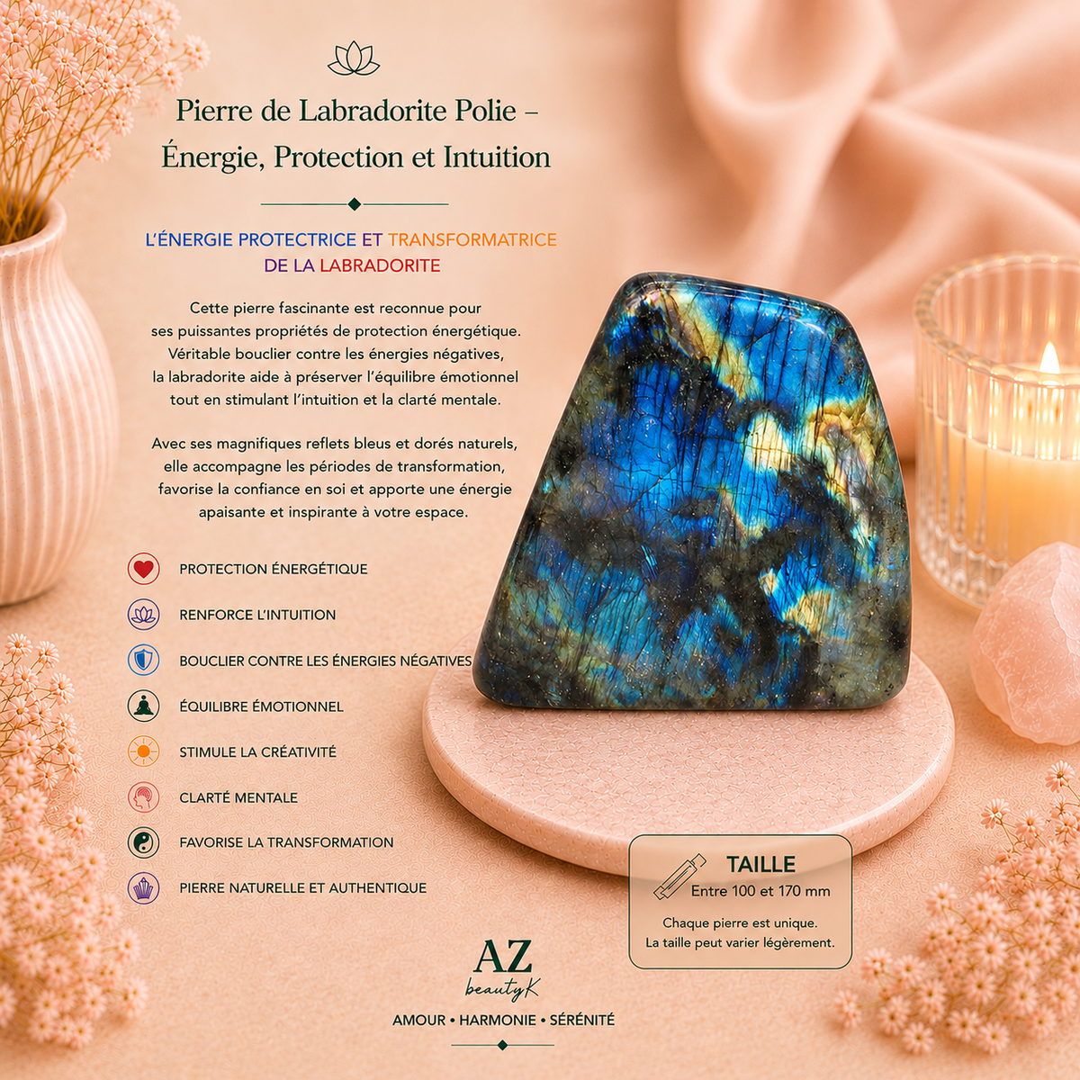 Pierre de déclaration en labradorite de Madagascar - 100-170 mm