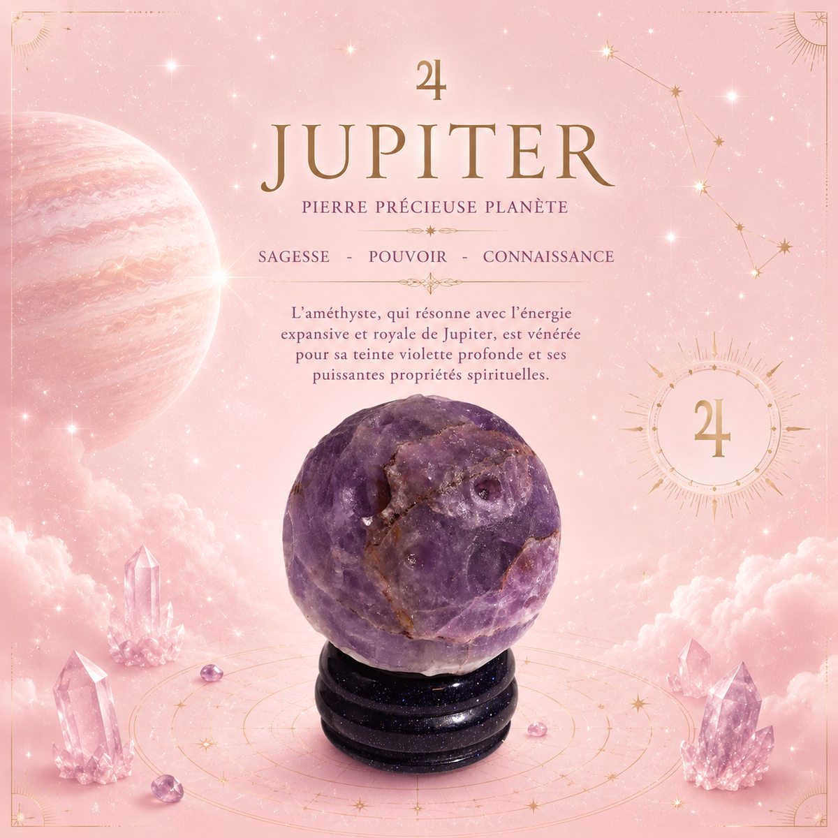 Planète JUPITER en Améthyste sur support en pierre - 40 mm
