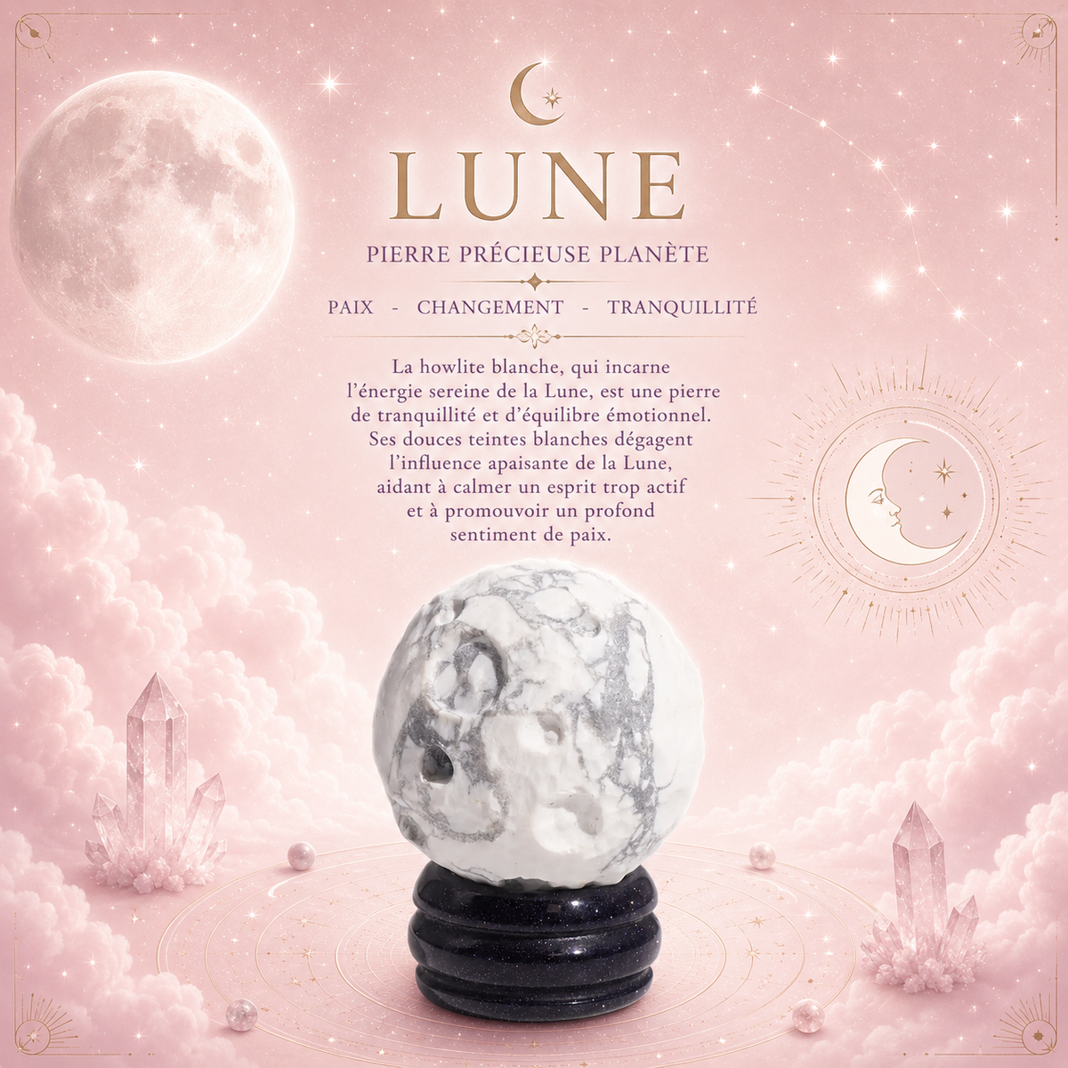 Planète LUNE en Howlite Blanche sur support en pierre - 40 mm