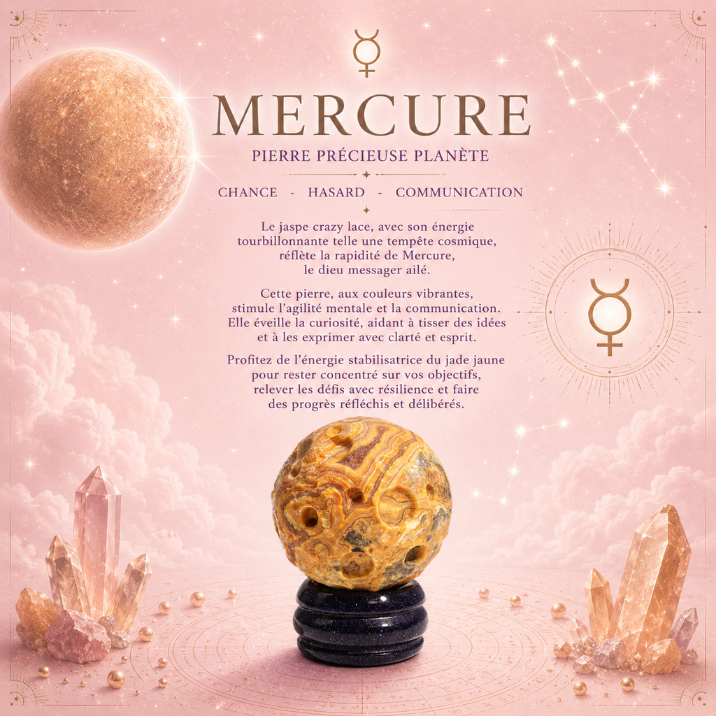 Planète MERCURE en Jaspe Crazy Lace sur support en pierre - 40 mm