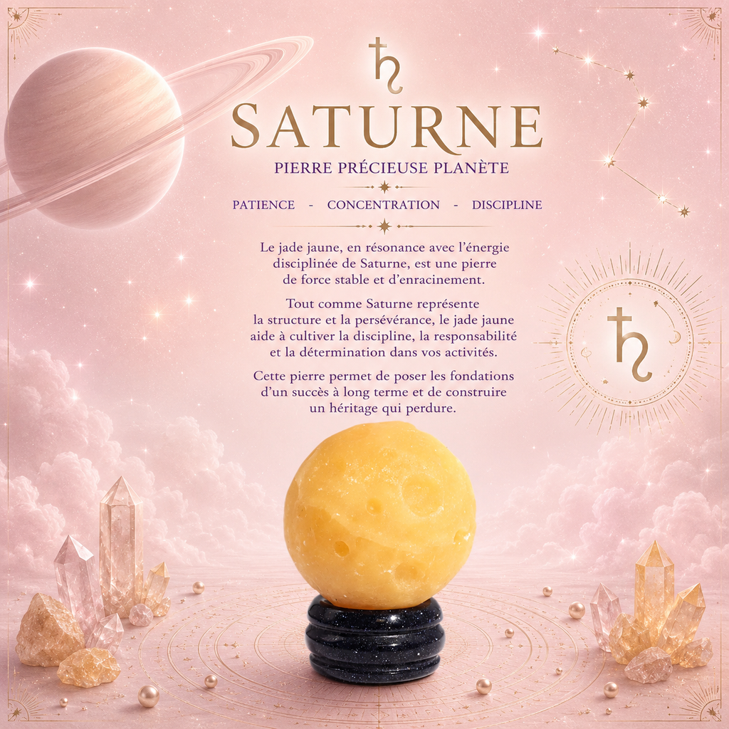 Planète SATURNE en Jade Jaune sur support en pierre - 40 mm
