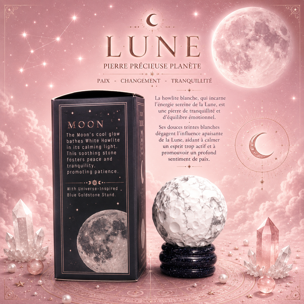 Planète LUNE en Howlite Blanche sur support en pierre - 40 mm