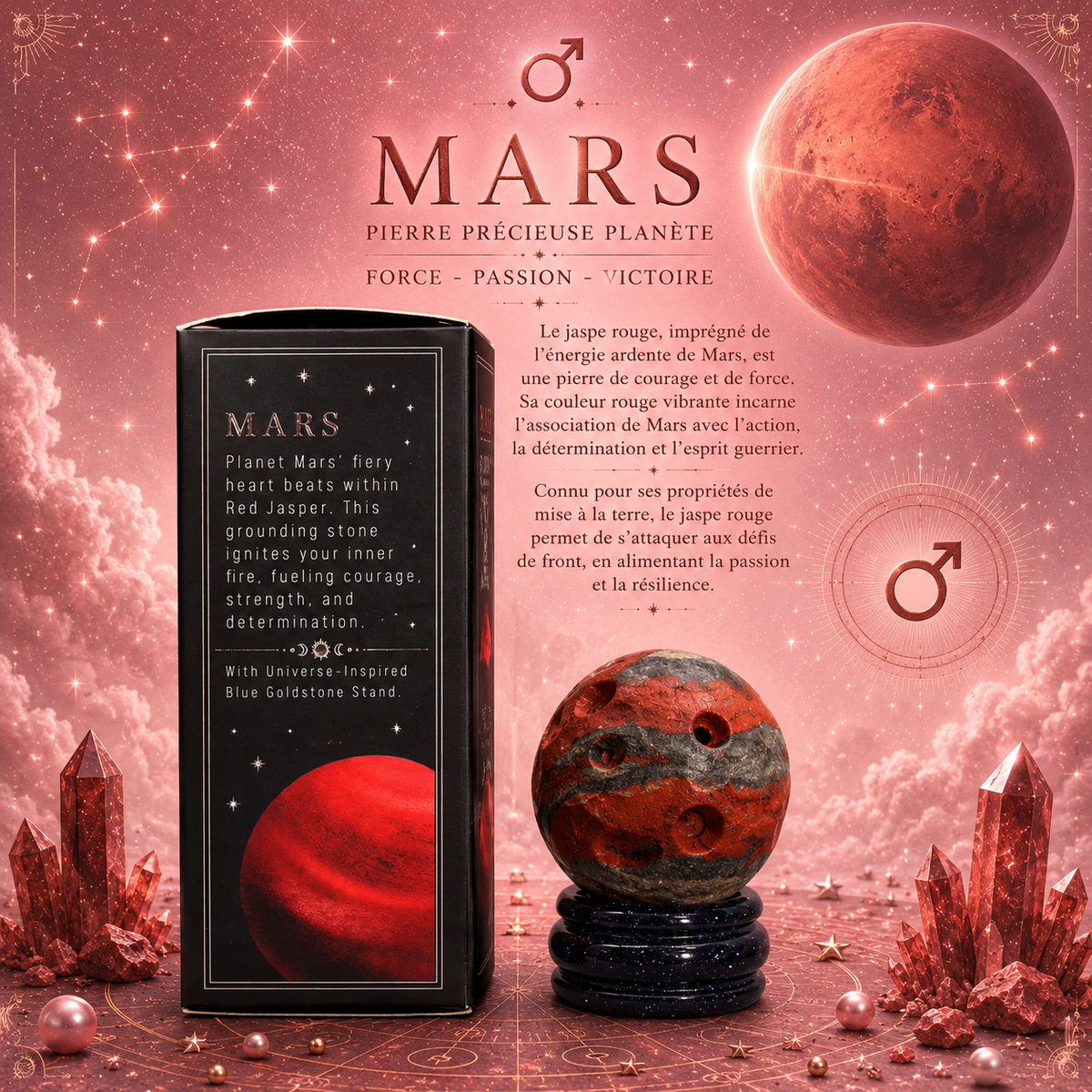 Planète MARS en Jaspe Rouge sur support en pierre - 40 mm