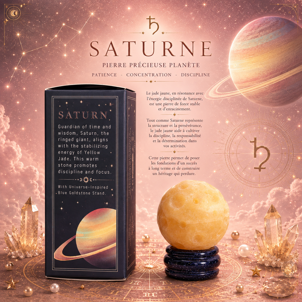 Planète SATURNE en Jade Jaune sur support en pierre - 40 mm