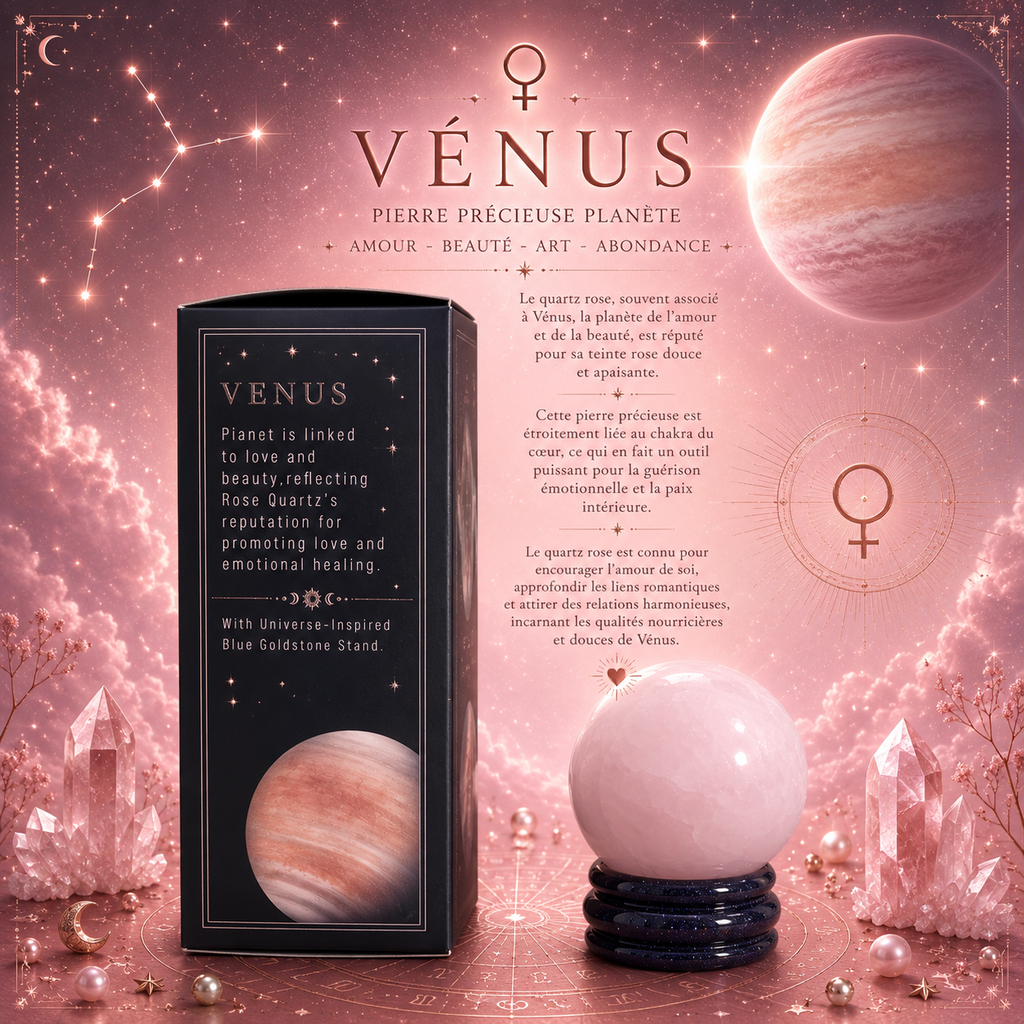 Planète VÉNUS en Quartz rose sur support en pierre - 40 mm