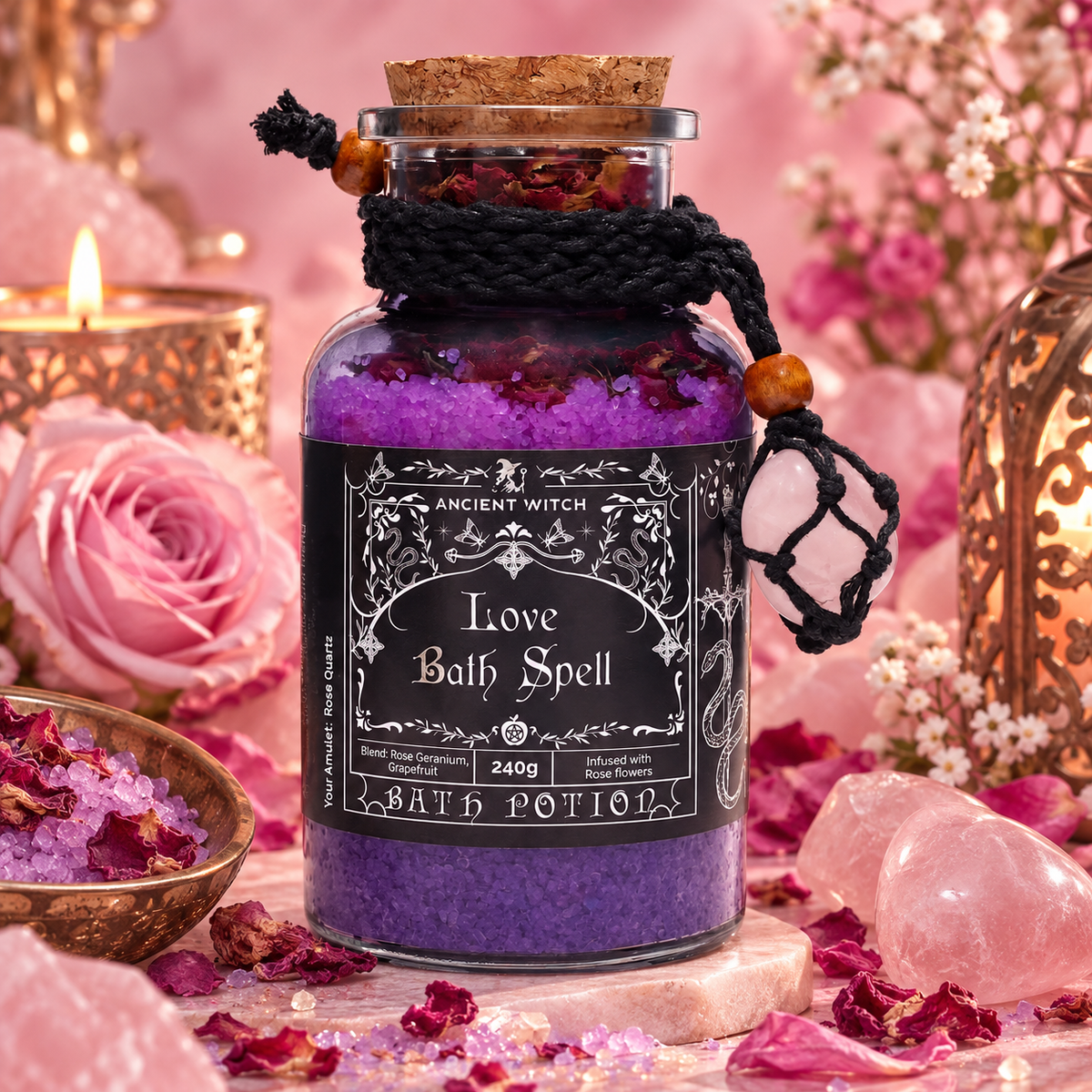 Potion de bain sorcière ancestrale - Amulette en Quartz rose - Amour