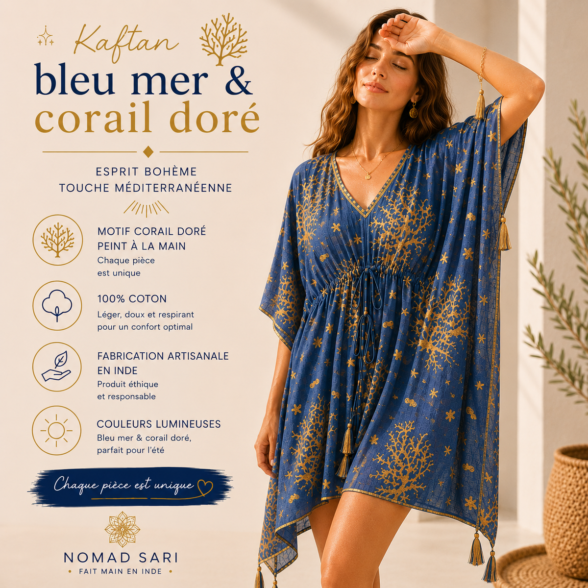 Kaftan - Bleu mer & corail doré