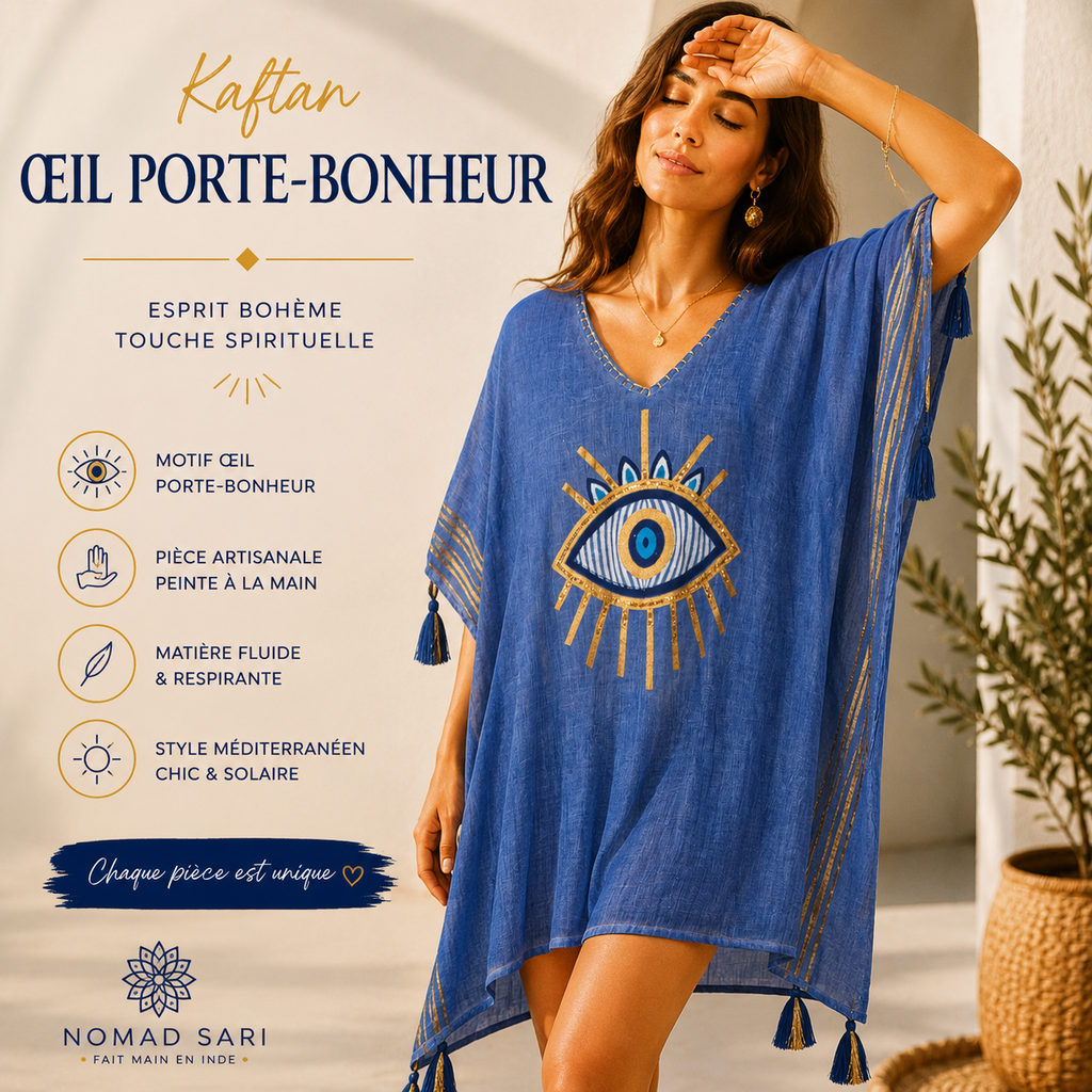 Kaftan - Bleu profond & or - ŒIL PORTE-BONHEUR